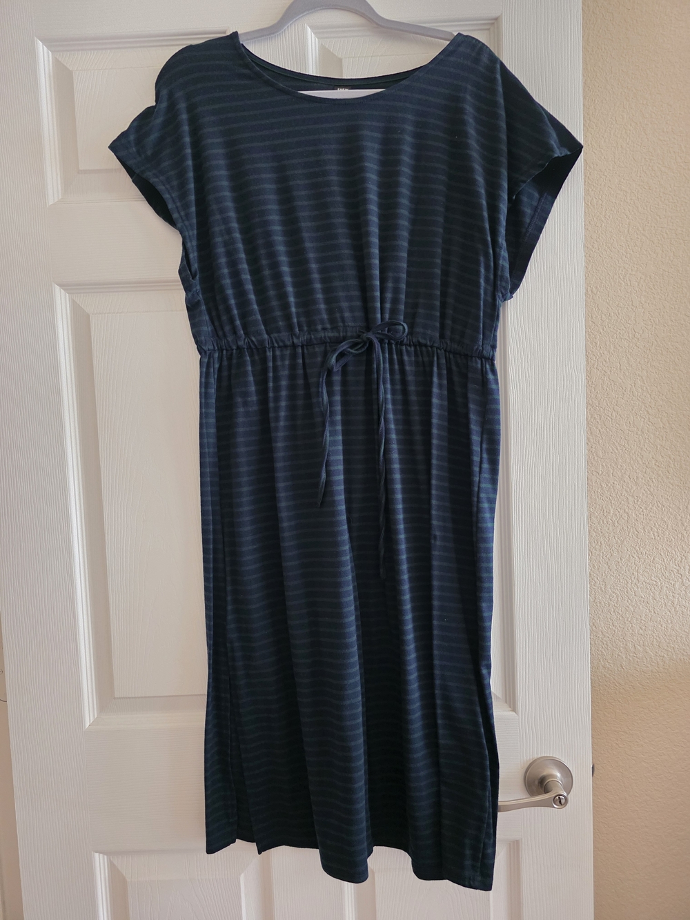 SHEIN Navy and Green Striped Midi Drawstring Dress
